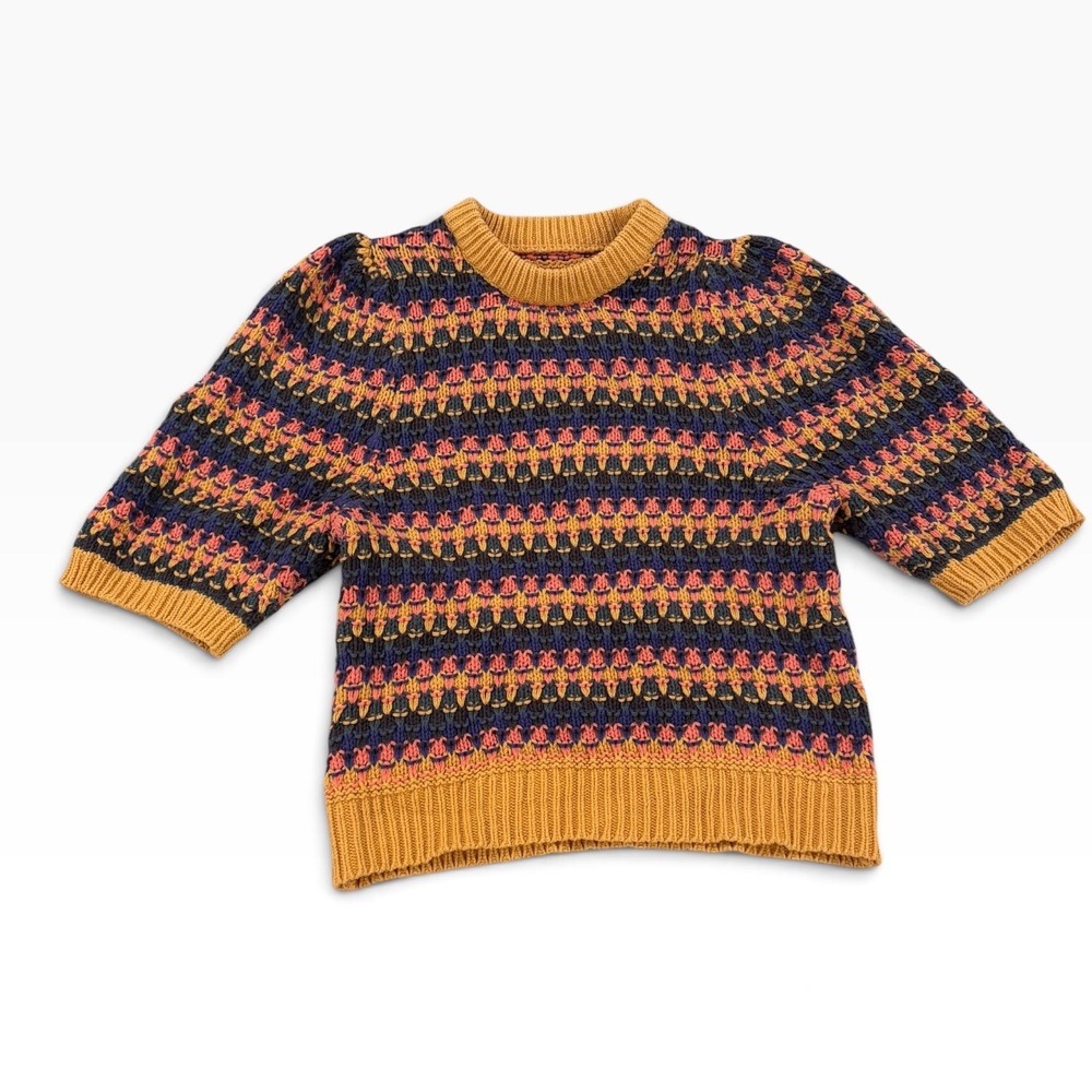 Target Multicolor Fair Isle Short Sleeve Knit Sweater Mustard Navy Small